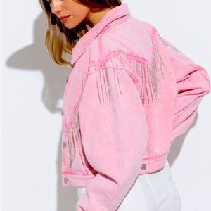 Pink Denim Jean Jacket with Rhinestone Fringe.  Blue B, size L